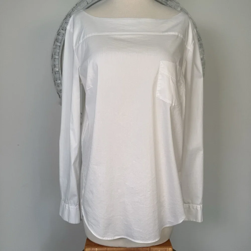 LOFT The Softened Shirt White Boatneck High Low Hem Blouse Women's Minimalist M